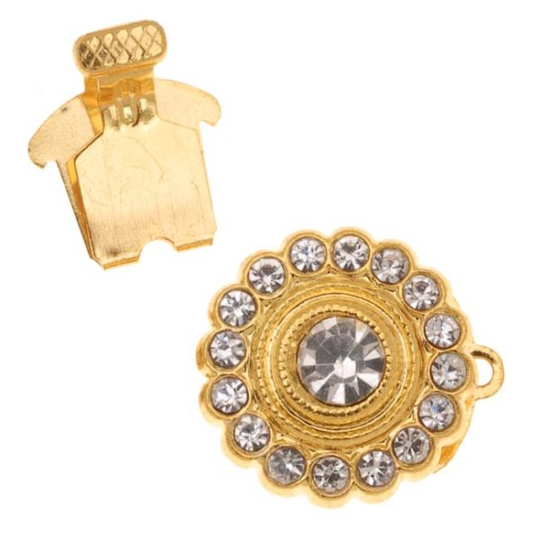 Gold Tone Single Strand Round Box Clasp With Rhinestones 15mm Diameter (1 pcs) Discount